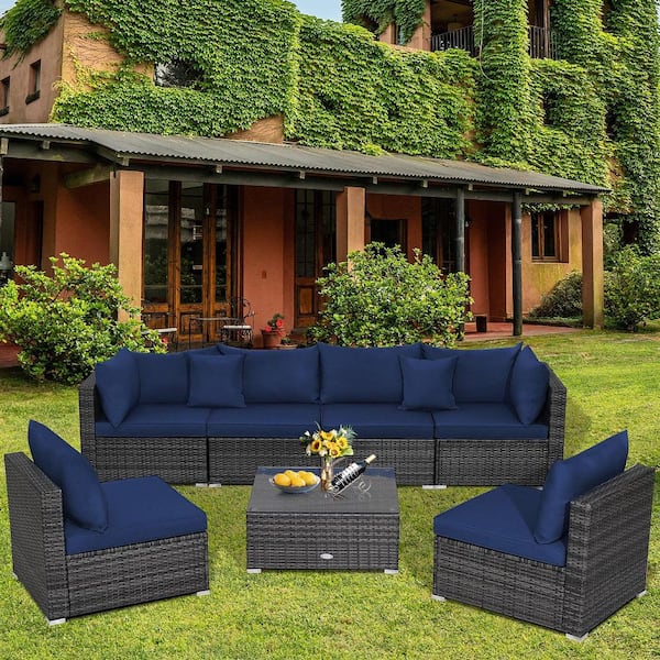 7-Piece Wicker Outdoor Patio Rattan Sectional Sofa Set Furniture Set with Navy Cushions