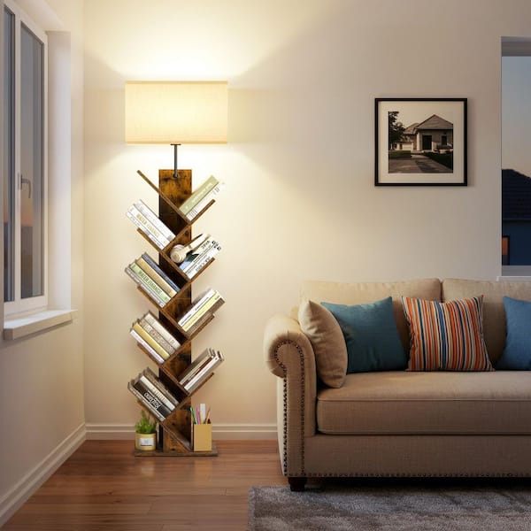 BICIK 60 in. Retro Yellow Standard 1-Light Dimmable Tree Shape Bookshelf Floor Lamp with Color Temperature and Linen Shade