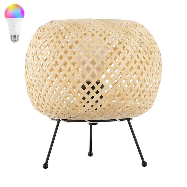 Palma 10 .75 in. Light Brown/Black Bohemian Rustic Iron/Rattan LED Mini Table Lamp with Smart Bulb