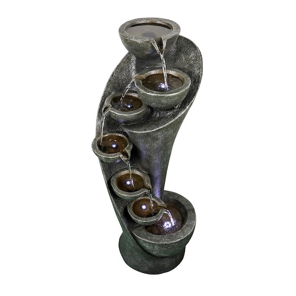 Watnature 39 in. Resin Outdoor Fountain for Garden, 7-Bowls Curved Indoor-Outdoor Waterfall Fountain with Illuminated LED Lights