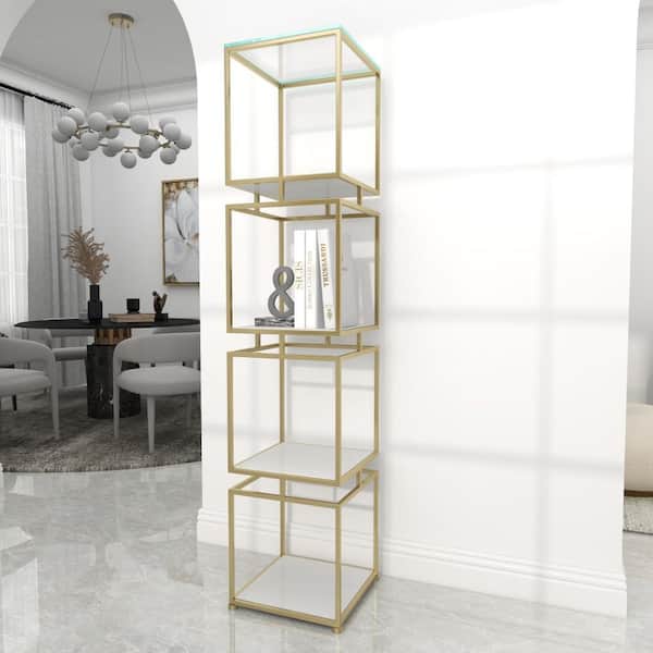 Litton Lane 62 in. Metal Stationary Gold Cube Shelving Unit with 4 Marble Shelves