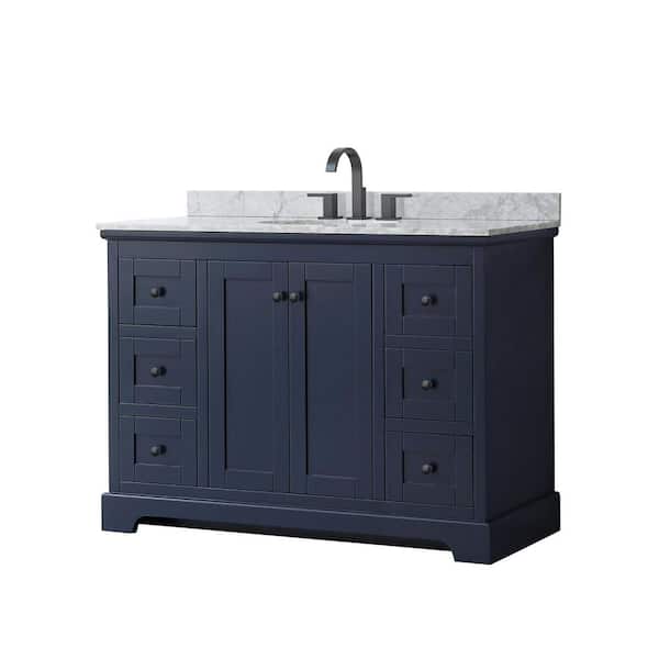 Wyndham Collection Avery 48 in. W x 22 in. D x 35 in. H Single Bath Vanity in Dark Blue with White Carrara Marble Top