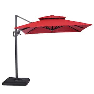 2pc Hostin 10 ft. Steel Cantilever Crank Tilt And 360 Square Patio Umbrella in Red With Base