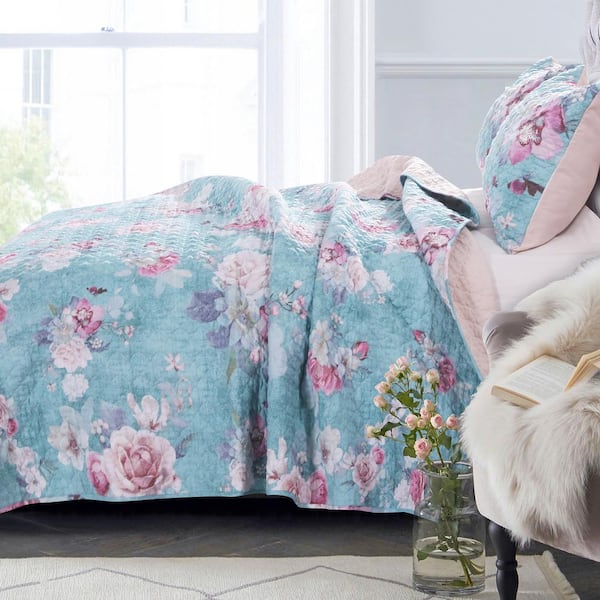 Avril 3-Piece Turquoise Floral Polyester Twin Quilt Set
