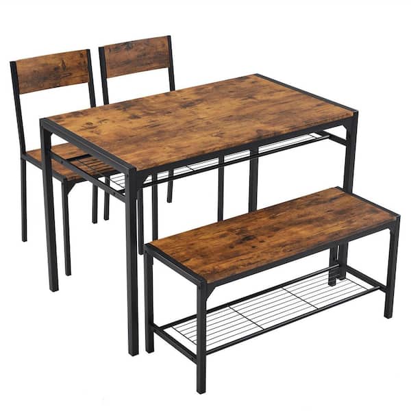 Brown 29.9 in. 4 Seat Rectangular Dining Table Set with Chairs and Bench