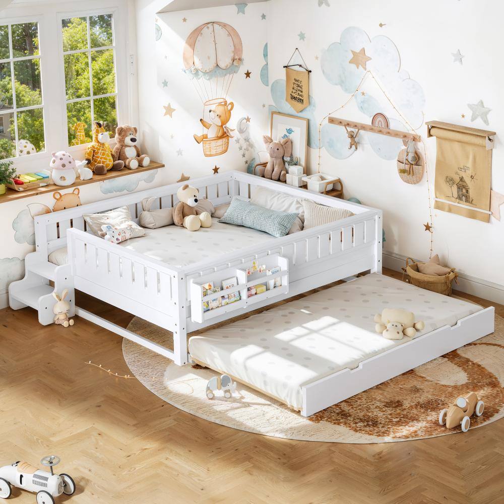 White Wood Frame Queen Size Platform Bed with Trundle, Bookshelves, Small staircase
