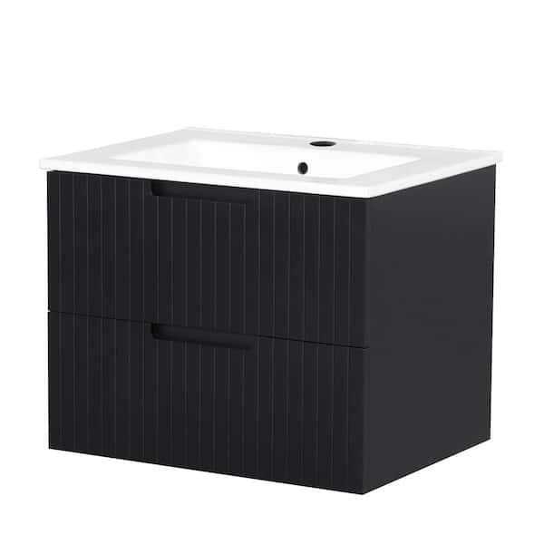 Tenleaf 24 in. W Single Sink Floating Bath Vanity in Black with White Ceramic Top and 2 Drawers