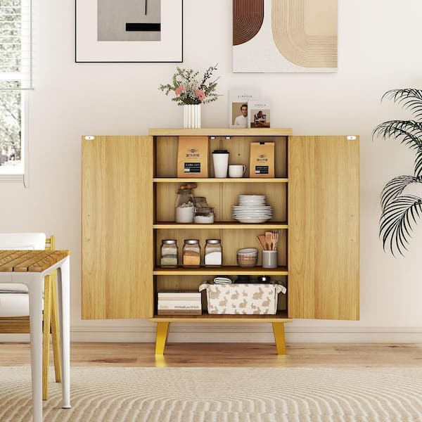 Natural MDF Buffet Cabinet Storage Cabinet w/ Double Doors and 3-Detachable Shelves