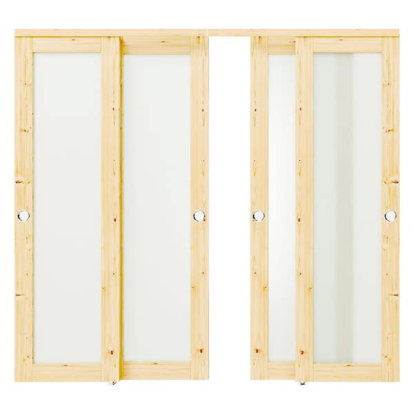 96 in. x 80 in. Light Brown Solid Pine Wood Double Full Lite Frosted Glass Sliding Door with All Hardware