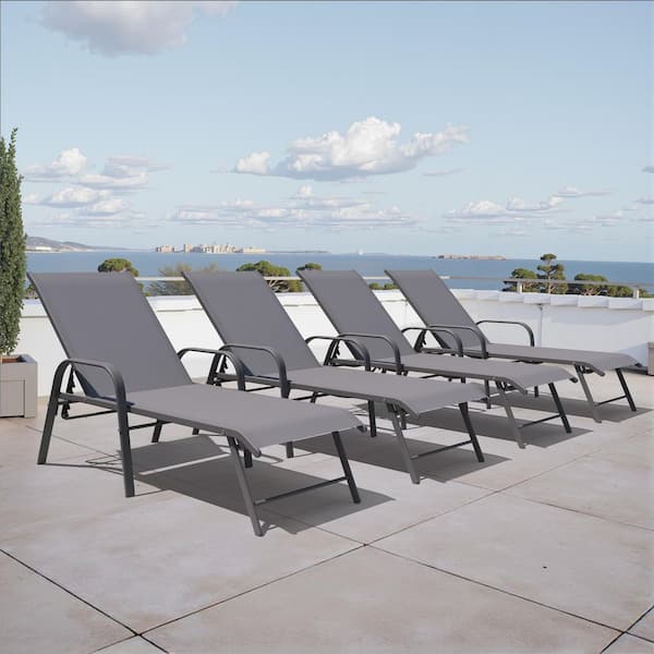 4-Piece Aluminum Adjustable Outdoor Patio Chaise Lounge with Arms and Gray Textilene Fabric