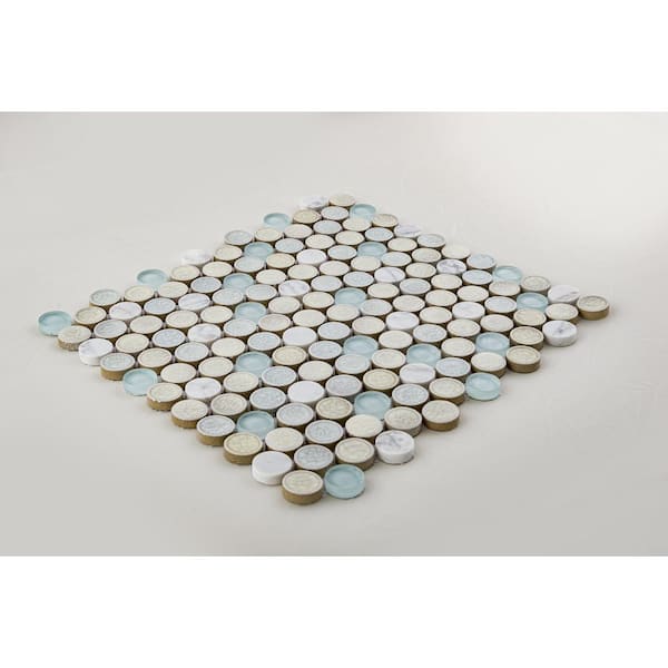 Polka Retro Tan, Blue, Gray 4.5 in. x 8.25 in. Textured Round Glass and Stone Mosaic Tile Sample