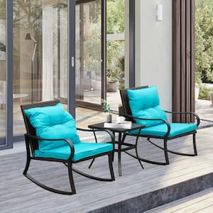 3-Piece Outdoor Rocking Chair Set with Tempered Glass Table, Handwoven PE Wicker, and Cushions, Blue