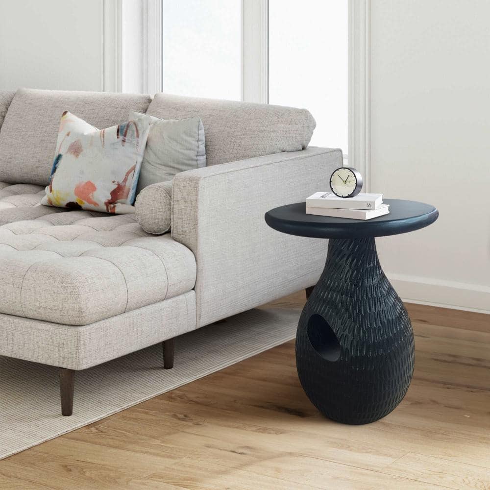 THE URBAN PORT 13.7 in. Black Round Teardrop Wood Side End Table with Convenient Floor Protectors