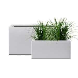 32 in. and 24 in. Long Rectangular Lightweight Pure White Concrete Metal Planter Pots (Set of 2), with Drainage Hole