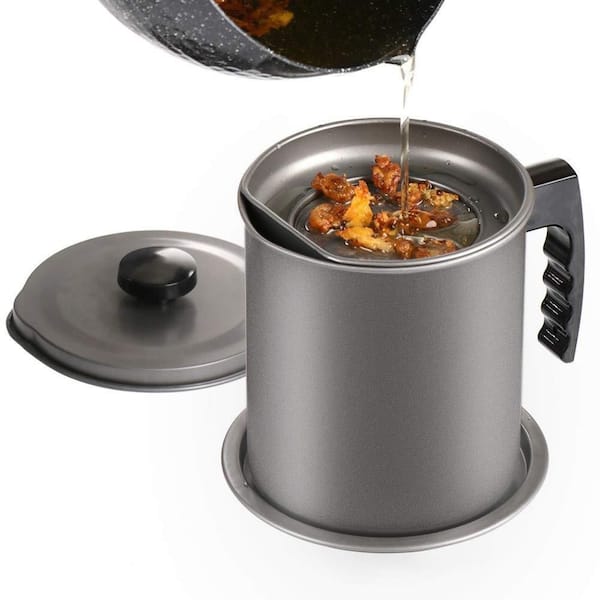 Bacon Grease Container with Fine Mesh Strainer Iron Cooking Oil Can with Removable Coaster Tray Gray