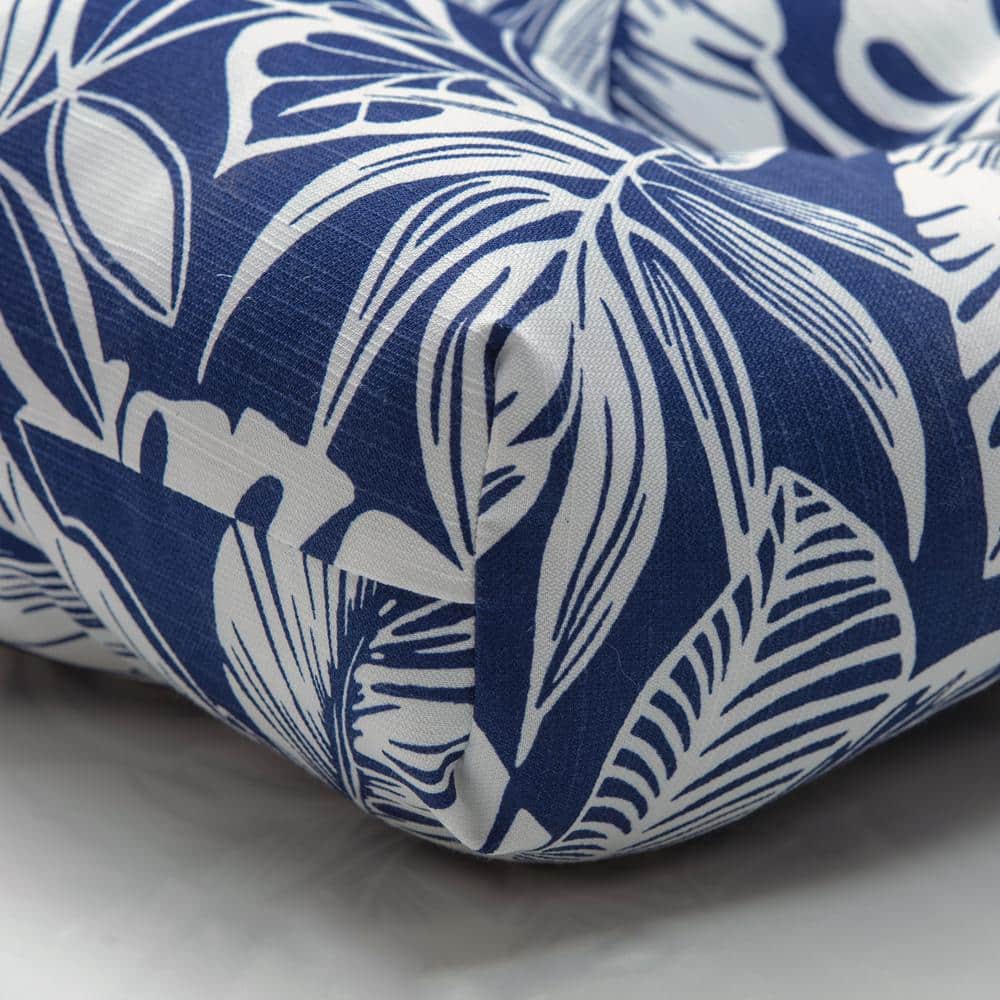 Delray Navy Blue Outdoor Tufted Chairpad Set with White Leaf Pattern