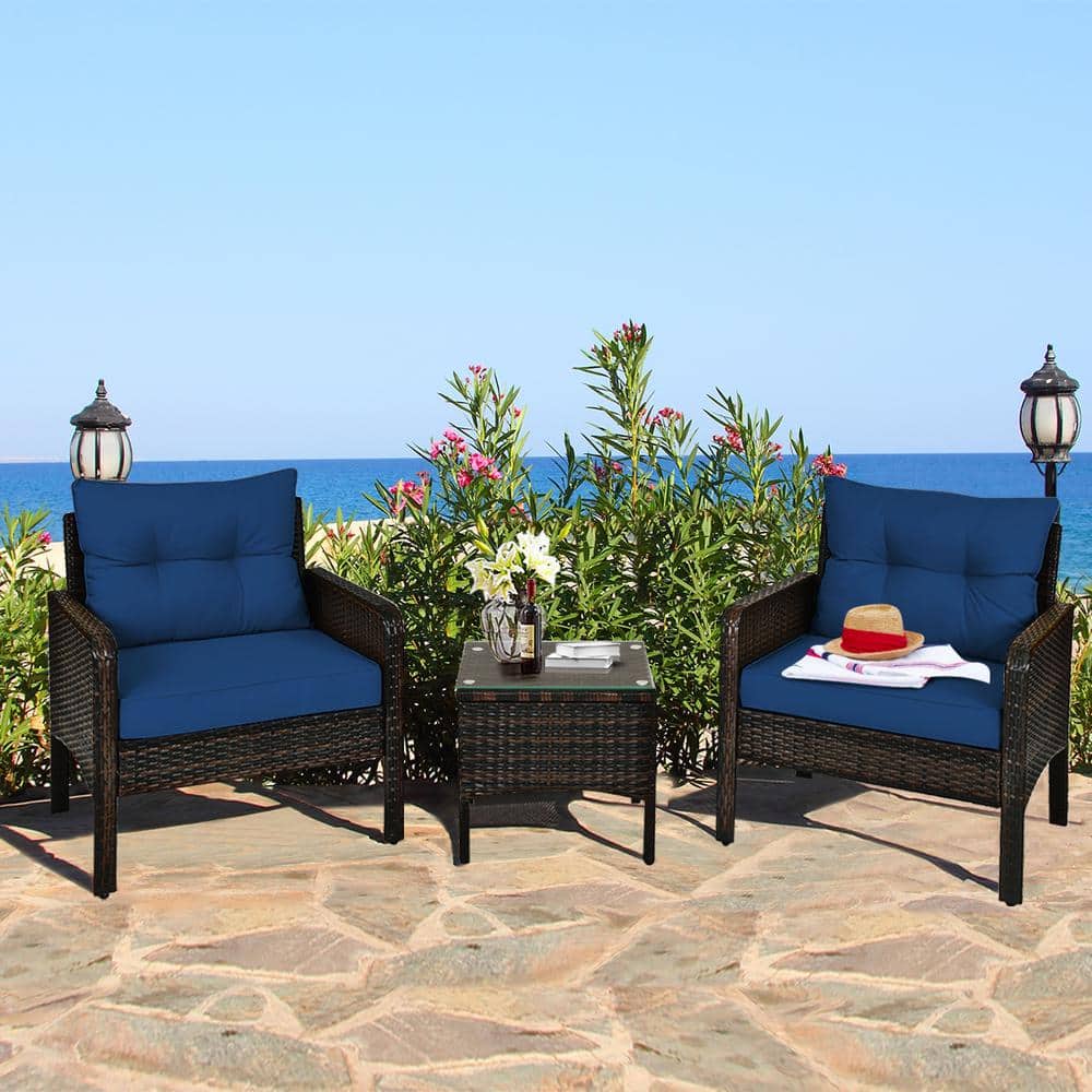 3-Piece PE Rattan Patio Conversation Set with Navy Cushions and Tempered Gl