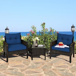 3-Piece PE Rattan Patio Conversation Set with Navy Cushions and Tempered Glass Tabletop