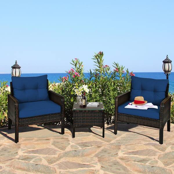 ANGELES HOME 3-Piece PE Rattan Patio Conversation Set with Navy Cushions and Tempered Glass Tabletop