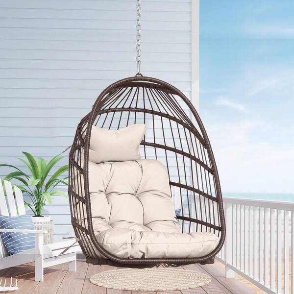 FINCATI 1-Person Brown PE Wicker Porch Swing Egg Chair with Beige Cushion
