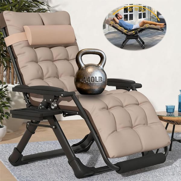 29 in.W Oversized Zero Gravity Chair Metal Outdoor Chaise Lounge with Khaki Removable Cushion and Headrest