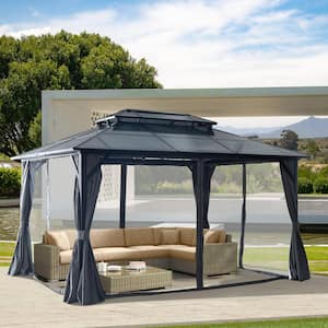 10 ft. x 13 ft. Hardtop Gazebo, Double Roof Canopy, Aluminum Frame Permanent Pavilion with Curtains and Netting, Black