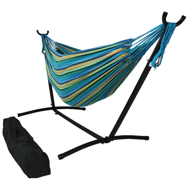 Sunnydaze 10.5 ft. Fabric Cotton Double Brazilian Hammock with Stand Combo in Sea Grass