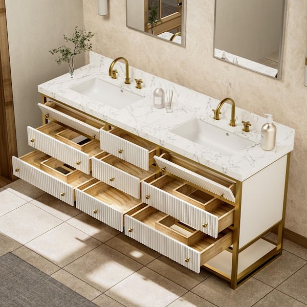 Solidoak 72 in. W x 22 in. D x 35.4 in. H Double Sink Bath Vanity in White with White Engineered Marble Top