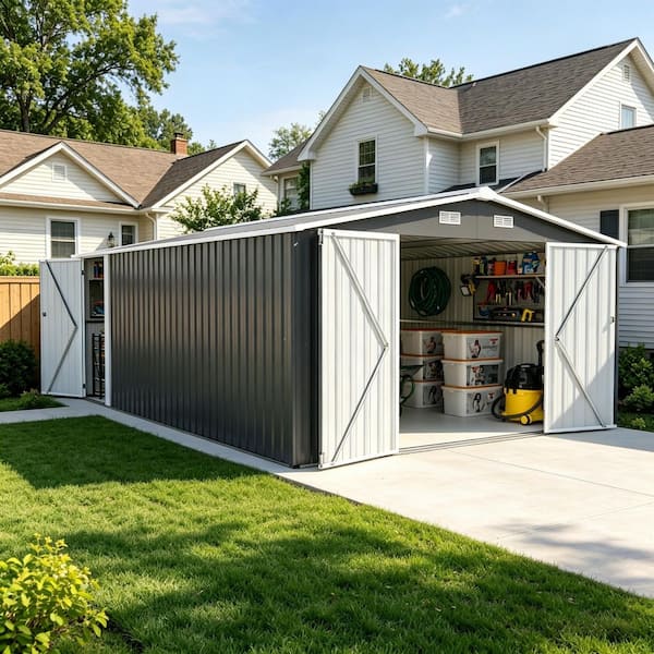 10 ft. x 14 ft. Gray Outdoor Metal Storage Shed with Sloped Roof, Lockable Doors and Air Vents (140 sq. ft.)