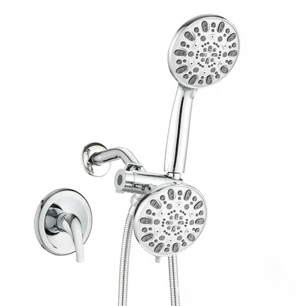 Pdpbath 7-Spray 5 in. Dual Wall Mount Round Shower Head and Handheld Shower Head 1.8 GPM in Chrome