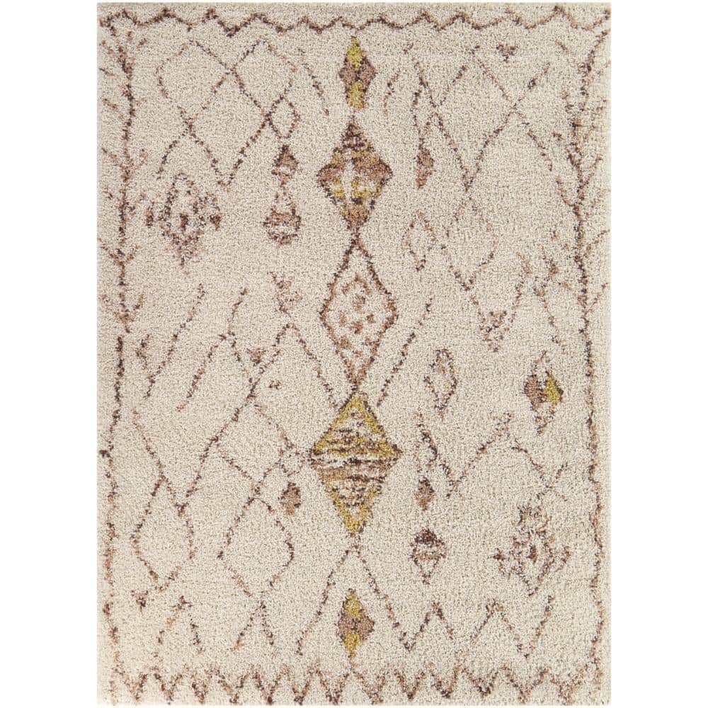 Cream and Brown High Pile Stain-Resistant Rectangular Area Rug