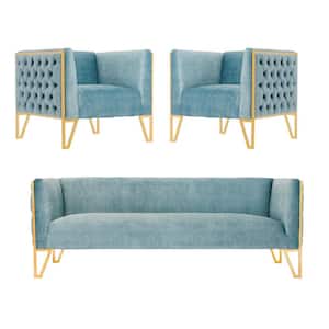 Vector 3-Piece Ocean Blue and Gold Velvet Sofa and Armchair Living Room Set