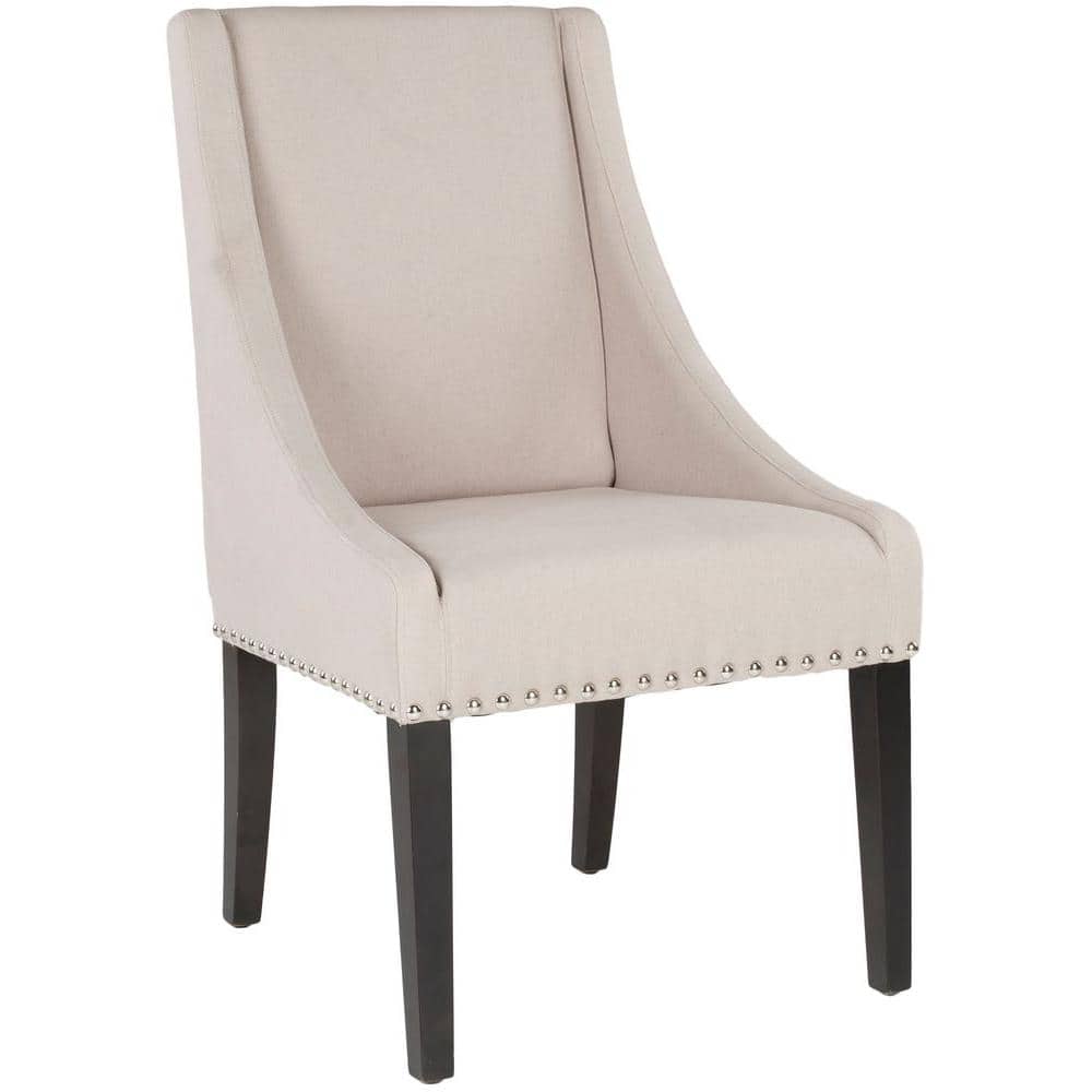 Transitional Beige Linen and Wood Upholstered Side Chair