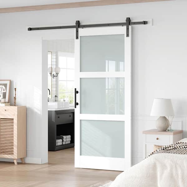 36 in. x 84 in. 3-Lite Frosted Glass White Finished MDF Core Sliding Barn Door with Hardware Kit
