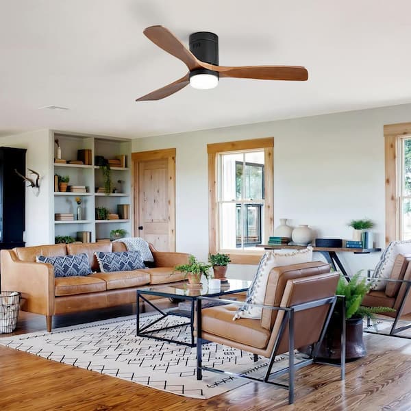 52 in. Indoor Smart Standard Flush Mount Solid Wood Black Ceiling Fan with Light, Romote/APP Control