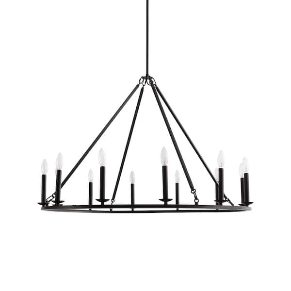 Jojospring Esperanza 41.5 inches 12-Light Antique Black Finish Metal Wagon Wheel Round Chandelier