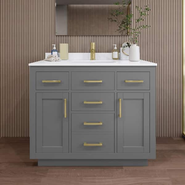 Wyndham Collection Beckett TK 42 in. W x 22 in. D x 35 in. H Single Bath Vanity in Dark Gray with White Quartz Top