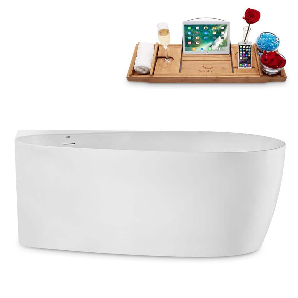 59" Glossy White Acrylic Freestanding Soaking Bathtub with Brushed Gold Trim