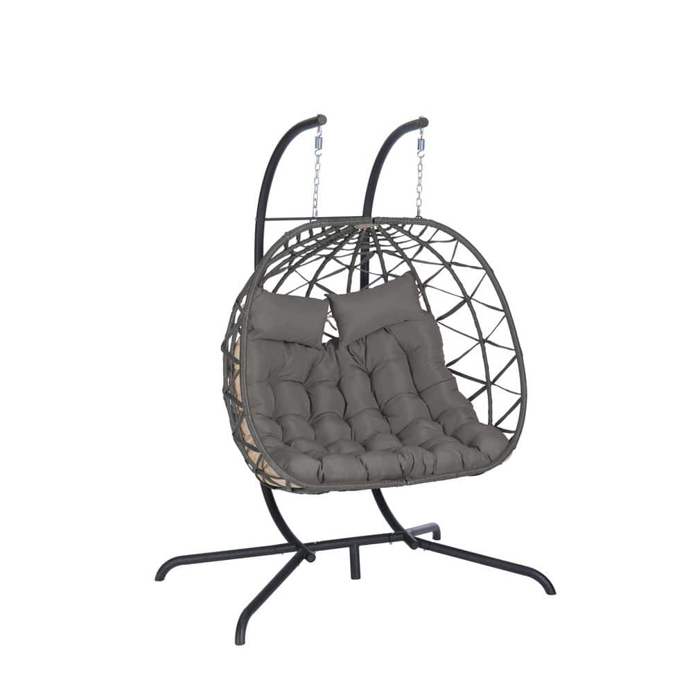 Metal Patio Swing, Outdoor Double Egg Chair with Stand Hanging with UV Resi