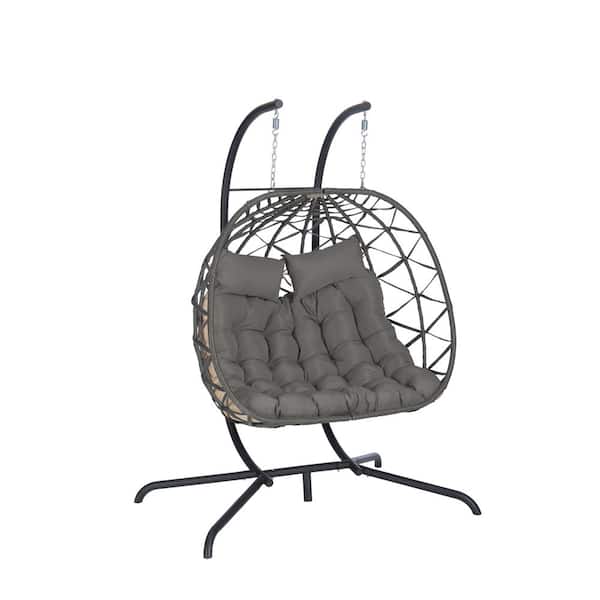 Unbranded Metal Patio Swing, Outdoor Double Egg Chair with Stand Hanging with UV Resistant Dark Cushion for Balcony, Garden
