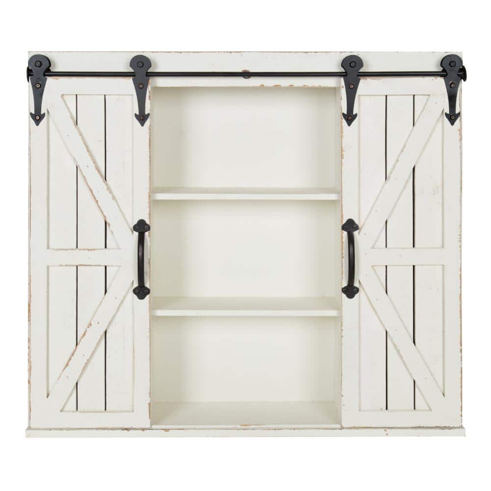 White Farmhouse Wood Wall Storage Cabinet with Sliding Barn Doors