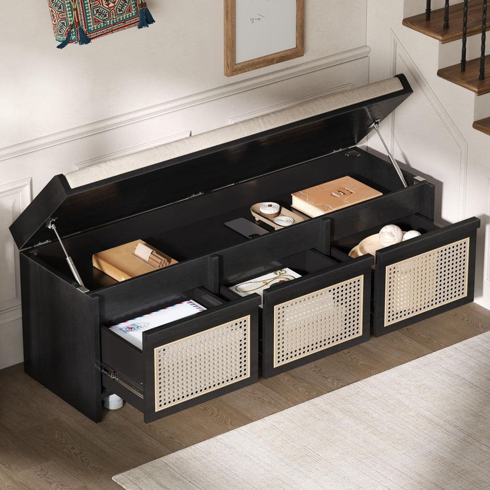 48 in. Black Storage Bench with Removable Button-Tufted Cushion, 3 Rattan Drawers, Hidden Storage Compartment