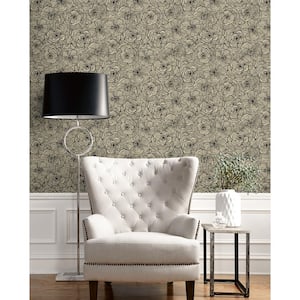40.5 sq. ft. Gold Shimmer and Ebony Ellie Graphic Floral Vinyl Peel and Stick Wallpaper Roll