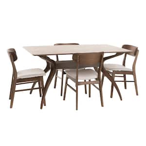 Lucious 5-Piece Light Beige Fabric and Natural Walnut Dining Set