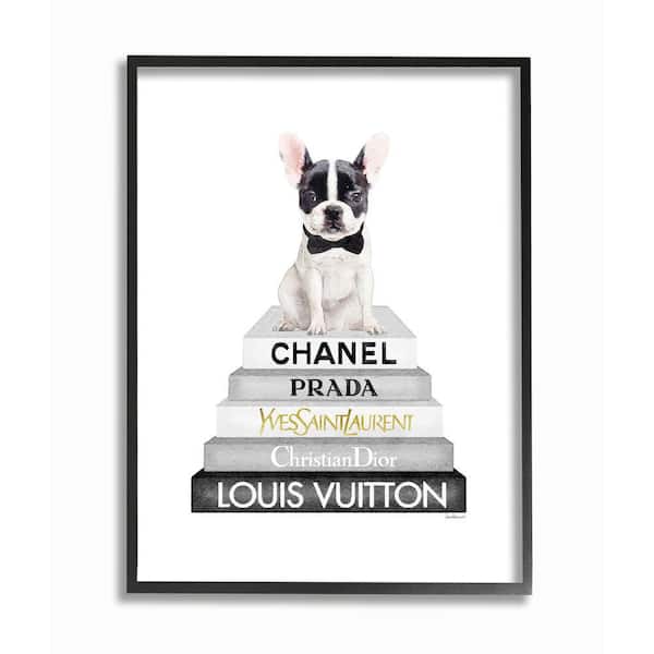 Stupell Industries Adorable Puppy Sitting on Glam Fashion Books Gray Framed Giclee, 16 x 20