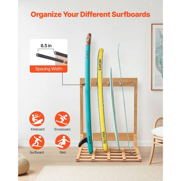 SKYSHALO Vertical Surfboard Stand, 4 Tiers Wooden Surfboard Rack