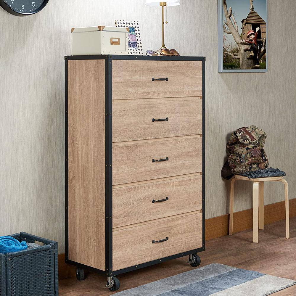 Weathered Light Oak Industrial Chest with Casters and Felt Lined Drawers