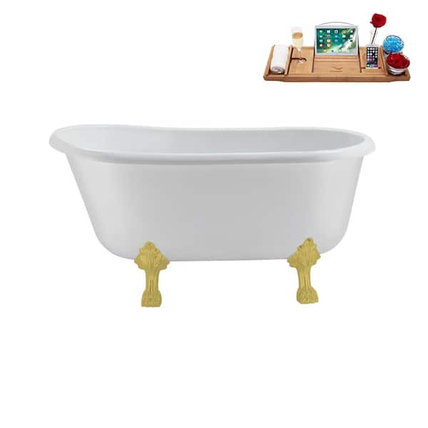 Streamline 57 in. Acrylic Clawfoot Non-Whirlpool Bathtub in Glossy White with Polished Gold Drain and Brushed Gold Clawfeet