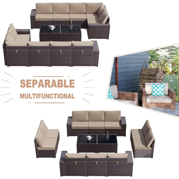 12-Piece Wicker Outdoor Sectional Set with Sand Cushion