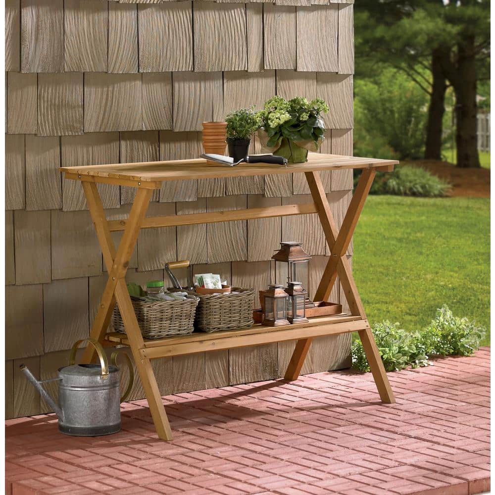 Natural Hemlock Wood Outdoor Potting Bench with Storage Shelf